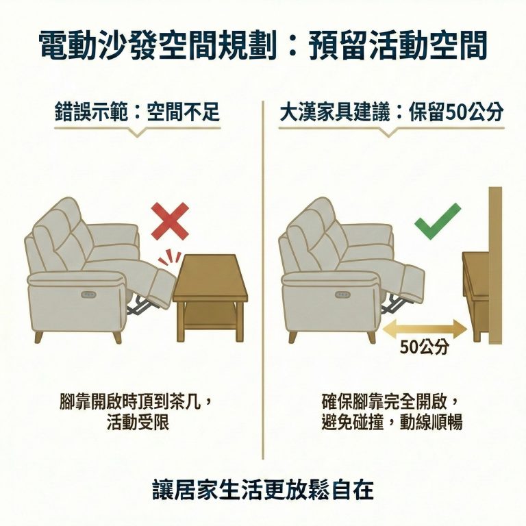 大漢家具建議，電動沙發前方至少需保留約50公分，以免腳靠無法完全伸展，若有丈量需求，也可詢問大漢家具客服