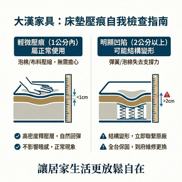大漢家具提醒，如果床墊凹陷超過2公分以上，就可能是內部結構已經出現異常，可以立即連絡大漢家具客服