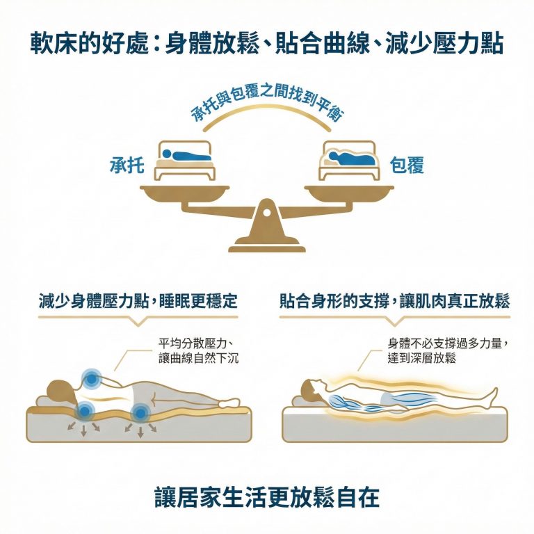 軟床的好處主要有減少身體壓力點、更貼合身形這兩個