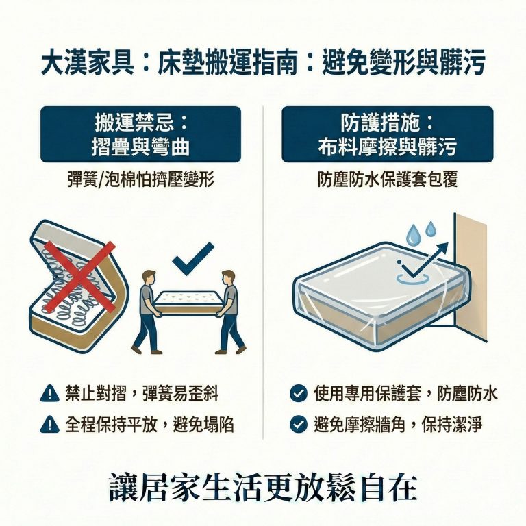 大漢家具提醒，獨立筒床墊搬家時絕對不能摺疊，以免損壞彈簧，也要以保護套包覆，避免濕氣進入