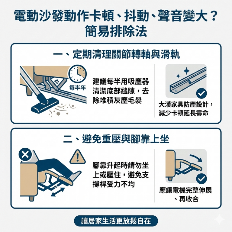 大漢家具建議，如果覺得電動沙發運行不順，可以檢視使用習慣，也可以確認軌道是否有灰塵卡住