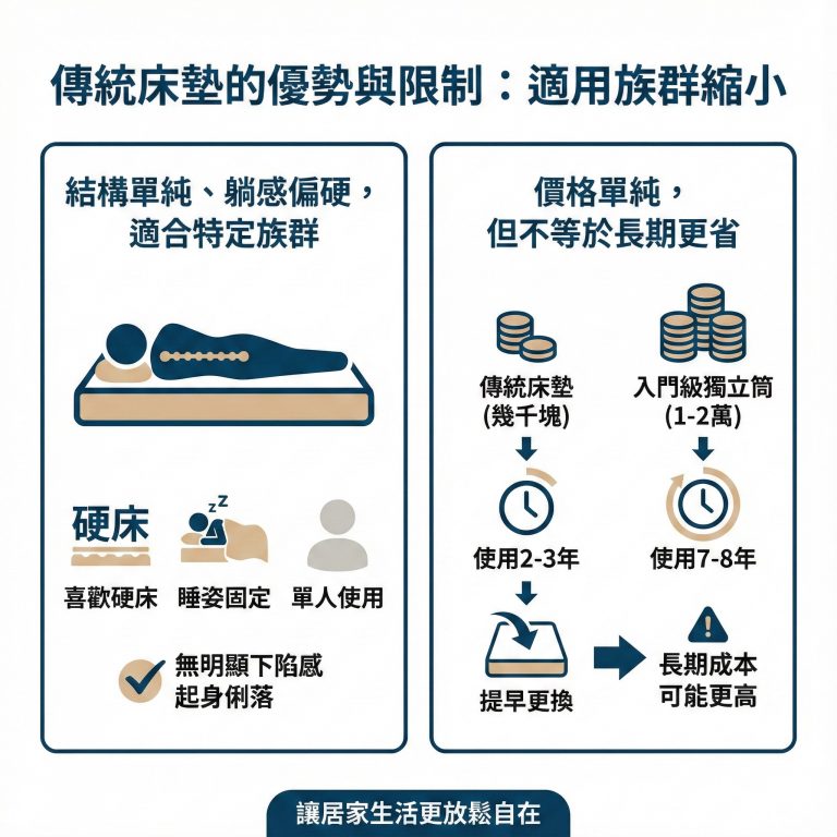 傳統彈簧床還是適用某些特定族群，但長期來看，獨立筒床墊壽命較長，傳統彈簧床不一定比較便宜