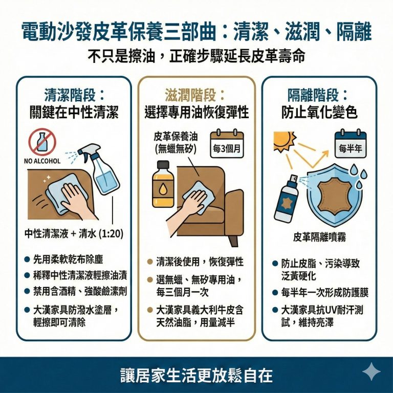大漢家具建議，電動沙發的皮革可以按照這三個步驟保養，才能維持舒適感，也避免沙發的電動機構出狀況