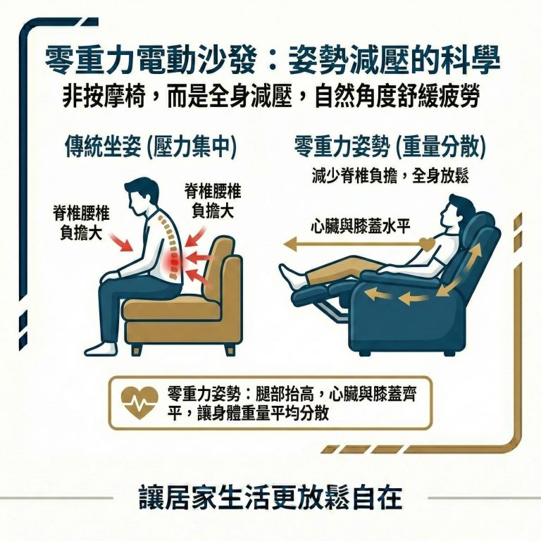 大漢家具的零重力電動沙發,可以讓腿部抬高、心臟與膝蓋幾乎在同一水平線。這個角度能讓身體重量平均分散,減少脊椎與腰椎的負擔。