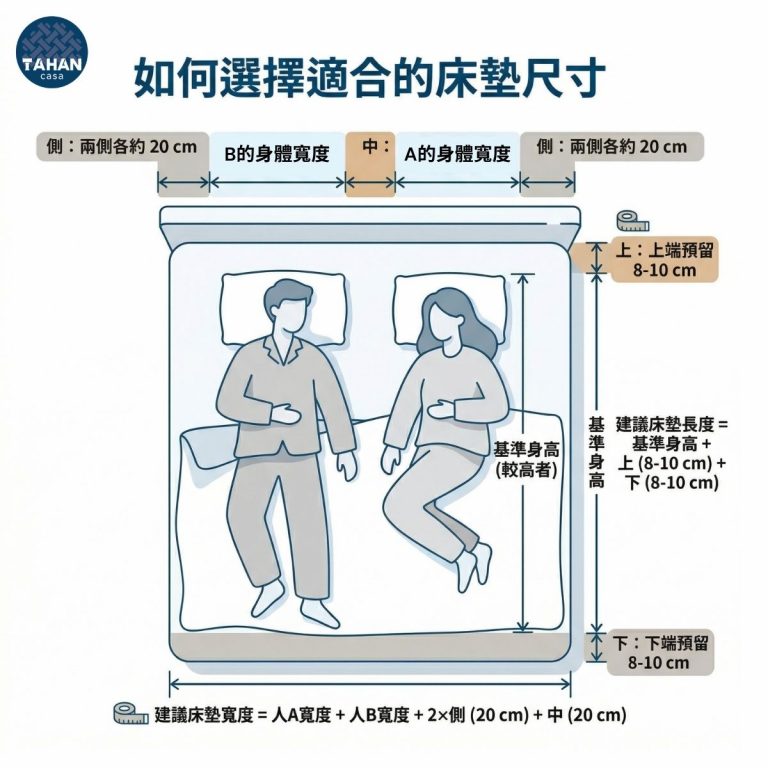 如何選擇適合的床墊尺寸示意圖，說明雙人床墊寬度與長度的計算方式，包含兩側各預留約20公分、中央預留20公分，以及上下各預留8至10公分的選床原則