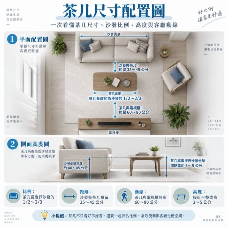 茶几尺寸配置圖，以客廳平面圖與側面高度圖說明茶几與沙發、電視櫃之間的建議比例、距離與高度，包含茶几長度約為沙發的 1/2～2/3、沙發與茶几預留 35～45 公分、茶几與電視櫃預留 60～80 公分，以及茶几高度接近沙發坐墊或略高 3～5 公分。