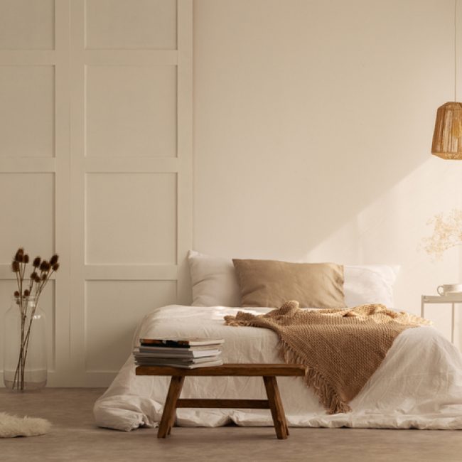Beige,Blanket,On,The,Double,Bed,In,Stylish,Wabi,Sabi