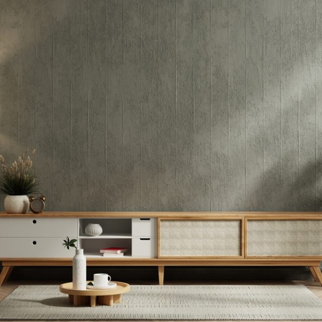 Cabinet,Tv,In,Modern,Living,Room,On,Concrete,Wall,Background