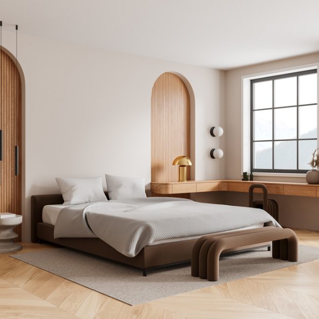 Corner,View,Of,Bedroom,Interior,Bed,With,Sheets,,Carpet,On