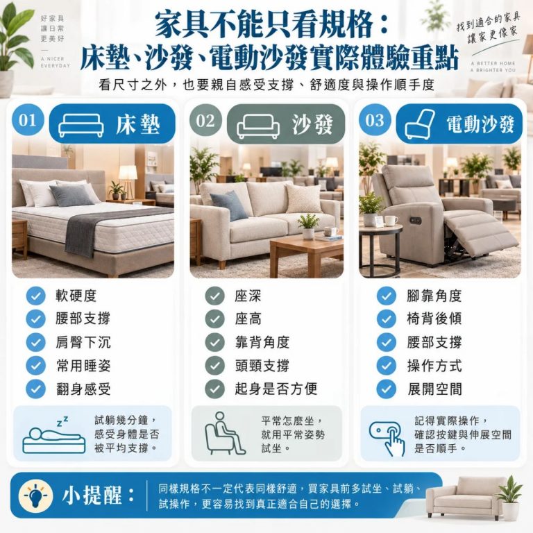 家具不能只看規格的資訊圖表,以三欄整理床墊、沙發、電動沙發的實際體驗重點,說明購買前可從支撐、舒適度與操作順手度來評估是否適合自己。