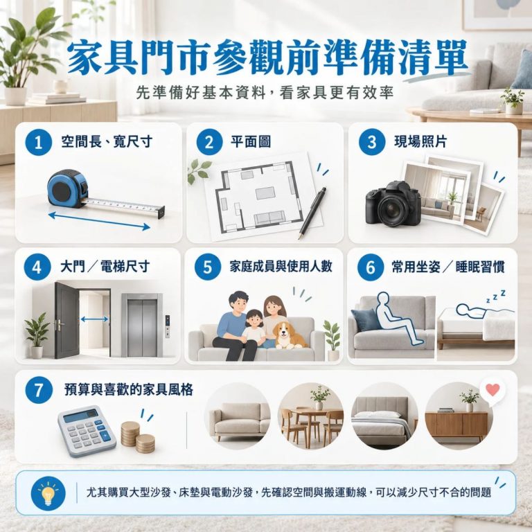 家具門市參觀前準備清單資訊圖表,整理看家具前建議先準備的 7 項資料,包括空間尺寸、平面圖、現場照片、大門與電梯尺寸、家庭成員與使用人數、常用坐姿與睡眠習慣,以及預算與喜歡的家具風格。
