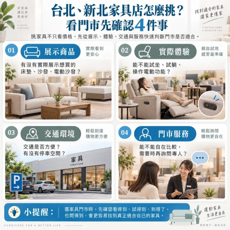 台北、新北家具店怎麼挑的資訊圖表,以四格整理看門市前要確認的 4 件事,包括展示商品、實際體驗、交通環境與門市服務,幫助挑選適合的家具門市。